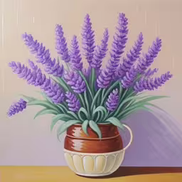 a painting of a flower pot and purple flowers