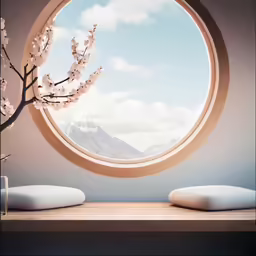 the round window shows the cherry blossoms and the mountain
