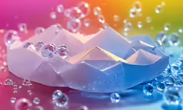 an origami boat is full of bubbles and gold
