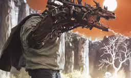 a dinosaur is being held in the air by a man with wings