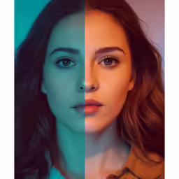the face of a woman and an image of a person with a cellphone