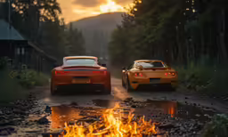 two cars are seen driving by the fire on the side of the road