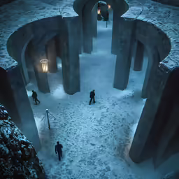 people walking around a tunnel covered in ice and snow