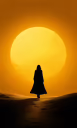 the woman in the dress is silhouetted against a bright yellow sun