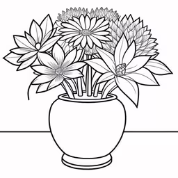 flowers in a vase with an extended line to the sides,a drawing of flowers in a vase on a table