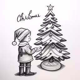 a kid standing by a christmas tree with its star,a boy with a santa hat looks at a christmas tree,a kid with a christmas tree looking at it,a person by a christmas tree that is being displayed,hand drawing of a person standing next to a christmas tree