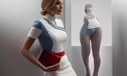 this is an image of a woman in uniform standing next to a mannequin