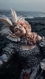 a lady with large feathers is sitting by the water