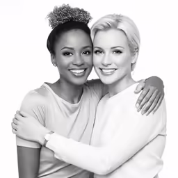black and white image of two women hugging each other