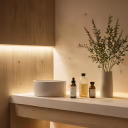 bottles with essentials sitting on counter top next to mirror