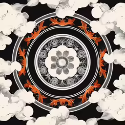 an artistic painting that is black, white and orange