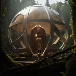 a person in white and black standing inside of a metal ball with a ladder