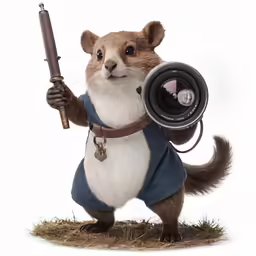 an animal in clothes is holding a telescope and a light