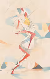 a colorful drawing of a man running through a field,the painted person is holding an umbrella