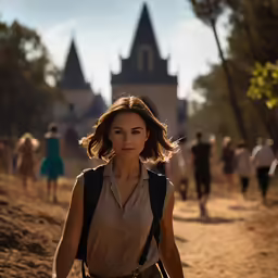 the woman is walking with a bunch of other people