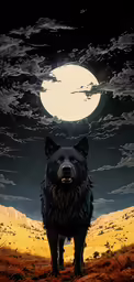 a black dog in the dark surrounded by clouds