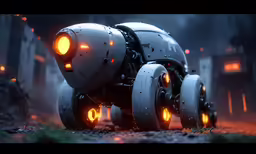 a large robot like vehicle is seen in a dark background