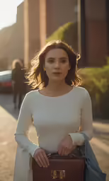a woman is standing with her suitcase in the middle of a street