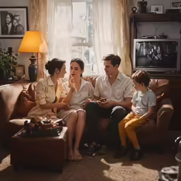 three young adults sitting next to a young boy on a couch