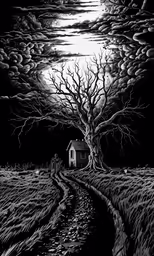 a creepy landscape is shown with a house in the distance