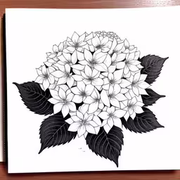 an ink drawing of flowers and leaves,a black and white drawing of a large bouquet of flowers