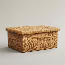 the large woven wooden box has a lid on it