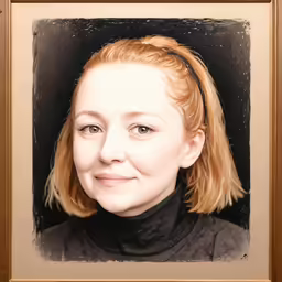 a lady is smiling for a photograph in a gold framed photo