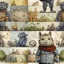 the wall in front of the wall has a collage of stuffed animals