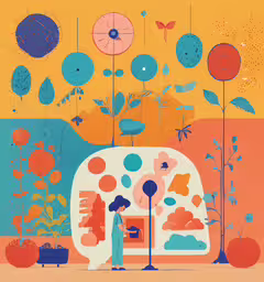 a painting with flowers and plants on it,an abstract painting with orange and blue colors