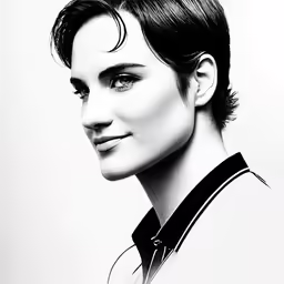 a portrait of a woman with black hair and a shirt