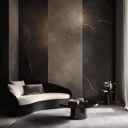 there is a modern couch with black and white accents in a living room