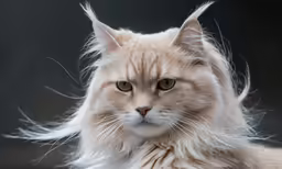 a white cat with blonde hair staring at the camera