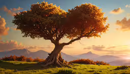 the sun setting behind a tree in a field,a very tall tree with many trunks in the foreground