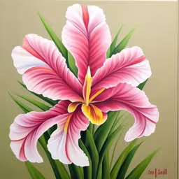 large flower painting on canvas on white frame,an oil painting of a pink flower and leaves,painting of pink flower and green leaves on the bottom part,a close - up of a pink and white flower on a brown background,a painting of a large flower with green and pink stems