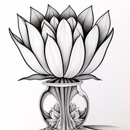 an artistic drawing of a lotus flower in a glass vase