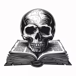 a skull with a book and brain drawing on it,a human skull with eyes closed and sitting atop an open book