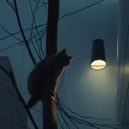 the cat is sitting on top of the tree at night