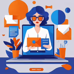 the illustration is a person sitting on a laptop,a woman holding an envelope sitting on top of a laptop