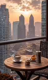 the sun is rising over a cityscape and a cup of coffee sits on a small table