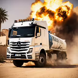 a large truck is coming out from a fire,the white truck is driving on the road