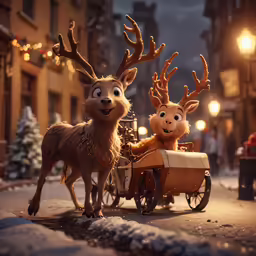 a couple of reindeers riding in the middle of a street