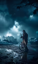 man with bicycle under dark sky at night
