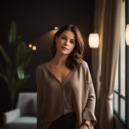 a woman is standing next to a window