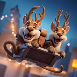 a cartoon character in a reindeer outfit carries some christmas lights