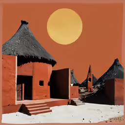 red painted photograph of a house with two small huts