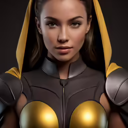 the woman in a costume with two arms up