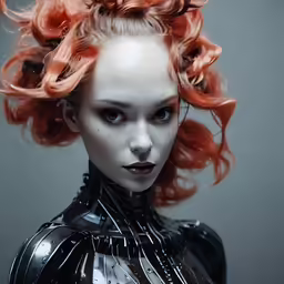 an orange haired woman with heavy hair with scissors in her hands