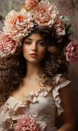 woman with flower crown wearing satin off shoulder gown