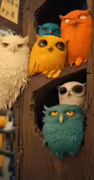 five hand made owls sitting on a shelf