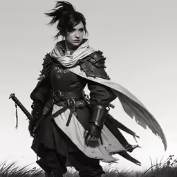 black and white photograph of woman with sword